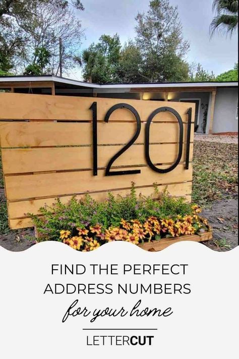 House Number Ideas For Yard, Midcentury House Numbers, Address Sign Ideas, House Number Ideas Outdoor, Modern Address Numbers, Address Signs For Yard, Modern House Numbers Sign, Modern House Numbers, Mid Century Exterior