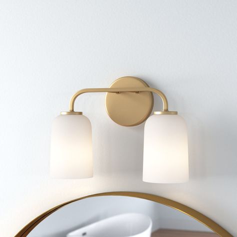 Lark Manor Aliceyn 2 - Light Dimmable Vanity Light & Reviews | Wayfair Simple Bathroom Light Fixtures, Brass Bathroom Light Fixtures, Bathroom Lighting Inspiration, Vanity Lighting Over Mirror, Country Bathroom Vanities, Brass Bathroom Lighting, Bungalow Bathroom, Cottage Style Bathrooms, Glamorous Bathroom