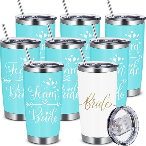 PRICES MAY VARY. Package Include: Bridesmaid proposal gifts contain 8 stainless steel bridesmaid cups, available in blue green and white, with lids, brushes, straws, making a ideal gift for any bride; Nice addition to any engagement party, wedding party or bachelorette party Wedding Design: 20 oz bride wine tumbler is light and portable, enough for your daily use, Bride and Team bride words are printed on the cups, making them more beautiful and meaningful, wedding themed design makes it a reaso Bride Gift Basket, Bride Cup, Bridesmaid Cups, Light Blue Bridesmaid, Bride Tumbler, Bridesmaid Tumbler, Cup With Lid And Straw, Wedding Themed, Bachelorette Decorations