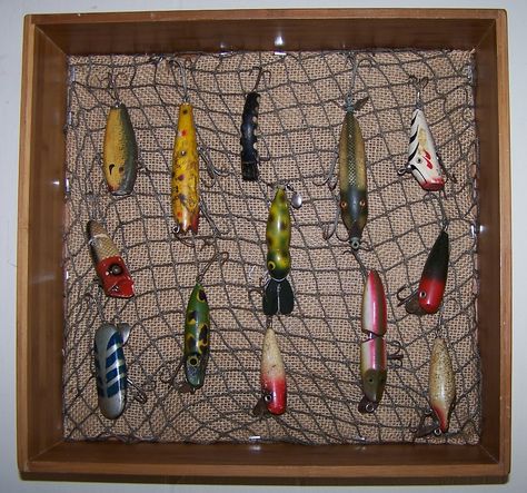 Even a Bourbonista appreciates nostalgia, so I made this display case for the antique fishing lures Frank inherited from his grandfather. Fishing Lure Decor, Lure Display, Vintage Fishing Decor, Fishing Bedroom, Fishing Lures Display, Fishing Lures Art, Fish Lure, Antique Fishing Lures, Camper Signs