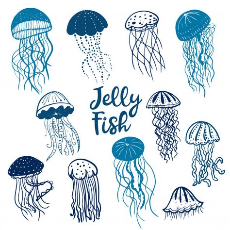 Illustration of different blue silhouett... | Premium Vector #Freepik #vector #cartoon Jellyfish Drawing Wallpaper, Medusa Animal, Jellyfish Illustration, Jellyfish Drawing, Blue Drawings, Blue Jellyfish, Jellyfish Art, Doodle Tattoo, Drawing Wallpaper