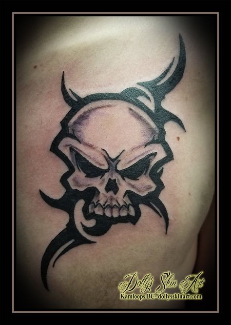 Bryson's skull with black tribal - Dolly's Skin Art Tattoo Kamloops BC Star Skull Tattoo, Skull Tattoo Traditional, Trible Tattoos, Kamloops Bc, Skull Sleeve Tattoos, Skull Sleeve, Black And Grey Tattoo, Yosemite Sam, Gothic Tattoo