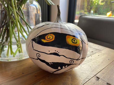 Mummy Pumpkin Painting, Horror Painted Pumpkin, Mummy Painted Pumpkin, Pumpkin Zombie Painting, Gerald Pumpkin Painting, Monster Painted Pumpkins, Egyptian Mummies, Acrylic Paint Pens, Other Mothers