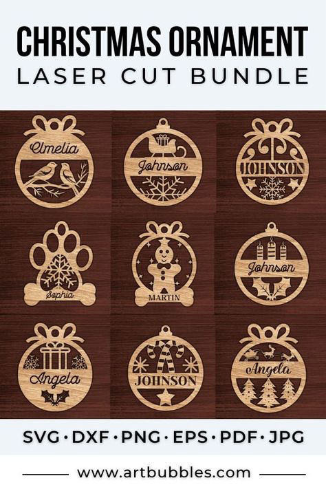 Create memorable holiday decorations with this Christmas Ornament Laser Cut Bundle Vol-2. Perfect for greeting cards, handmade craft items, party invitations, banners and more. #christmas #christmascrafts #christmasdecorideas #christmasornaments #lasercut Family Ornaments, Unique Christmas Ornaments, Johnson And Johnson, Christmas Vectors, Wooden Crafts, Ornaments Diy, Unique Christmas, Christmas Design, Craft Items