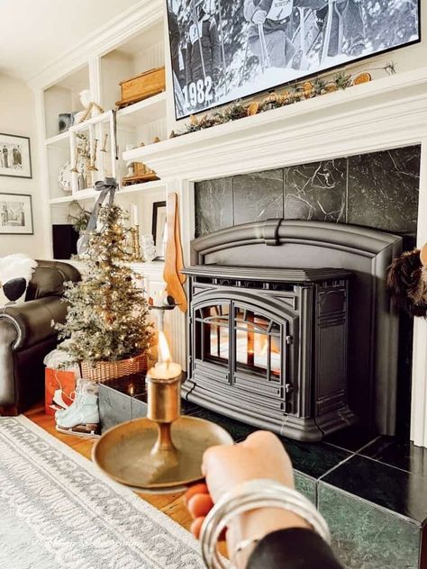 Cozy Ski Lodge Fireplace Wood Stove Decor, Corner Fireplace Mantels, Farmhouse Fireplace Mantel, Stove Decor, Wood Stove Hearth, Wood Burning Stoves Living Room, Wood Stove Fireplace, Christmas Fireplace Decor, Farmhouse Fireplace