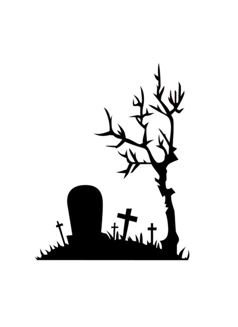 "Up for sale is one(1) Creepy Halloween Graveyard with Tree decal / sticker. * SIZE OPTION YOU SELECT PERTAINS TO THE LARGEST DIMENSION OF THE DECAL DESIGN * - The decal is great for any hard, non-porous surface. This decal is available in a wide variety of colors! Choose your color before adding this item to the cart! The above information will be necessary to complete your order on time. Please include this information in the \"notes to seller\" section upon checkout. If you desire a color tha Creepy Halloween Silhouettes, Halloween Siloutes, Halloween Silhouettes Templates, Graveyard Silhouette, Creepy Graveyard, Dibujos Halloween, Painted Bricks Crafts, Graveyard Tattoo, Fall Applique