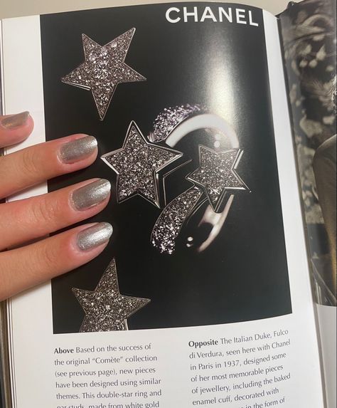 Nails, chanel, silver, stargirl Stargirl Makeup Aesthetic, Star Girl Nails Aesthetic, Silver Stargirl Aesthetic, Stargirl Nails, Every Stargirl Needs Her Starboy, A Starboy Needs His Stargirl, Makeup Table, Nails, Makeup