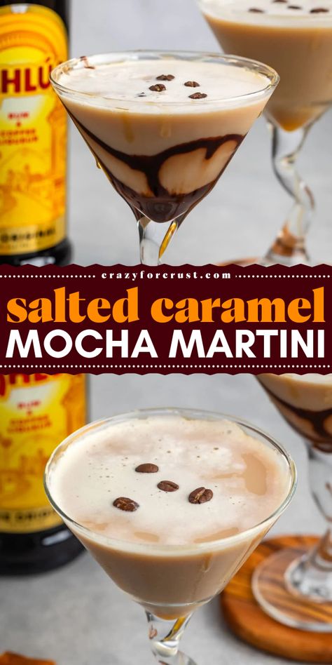 Indulge in the rich flavors of a Salted Caramel Mocha Martini this holiday season! Made with vanilla vodka, Kahlúa, crème de cacao, and a splash of milk, this cocktail is topped with salted caramel sauce for a festive treat. Perfect for holiday drink recipes and easy Christmas cocktails! Christmas Drinks With Caramel Vodka, Drinks With Caramel Vodka Recipes, Drinks With Salted Caramel Vodka, Christmas Drinks With Kahlua, Salted Caramel Kahlua Drinks, Salted Caramel Martini Recipes, Carmel Vodka Drinks Recipes Salted Caramels, Salted Caramel Drinks Alcohol, Caramel Cocktail Recipes