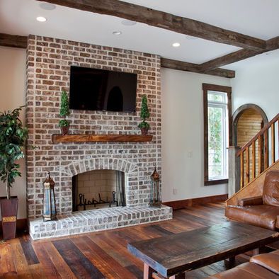 Traditional Living Room Brick Fireplace Design, Fireplace Mantle Designs, Brick Fireplace Mantles, Brick Restoration, Mantle Design, Red Brick Fireplaces, Design Fireplace, Brick Fireplace Makeover, White Wash Brick, Budget Design