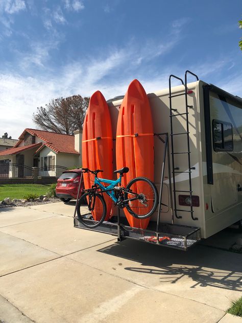 Homemade RV Kayack Rack. Rv Kayak Rack, Camper Modifications, Rv Modifications, Kayak Holder, Kayak Transport, Camper Storage Ideas Travel Trailers, Camper Organization Travel Trailers, Kayak Ideas, Oregon Camping