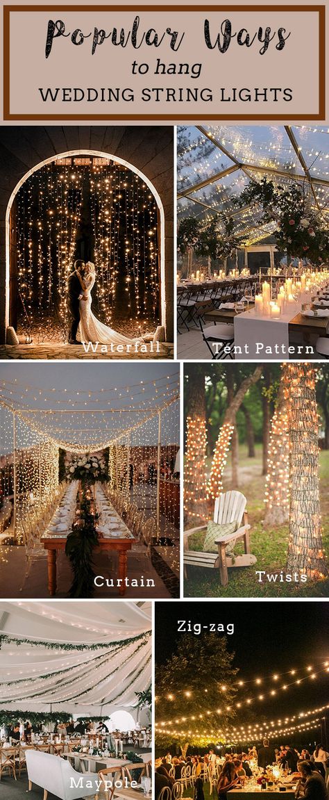 popular wedding string lights decoration ideas Boho Wedding String Lights, Outdoor Wedding Twinkle Lights, Fairy Lights Decor Wedding Indoor, Wedding Arbor With Lights, White Lights For Wedding, Fairytale Lights Wedding, Lighting Wedding Decor, Outdoor Lights For Wedding, Christmas Lights Wedding Decor