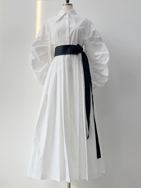 DESCRIPTION SPU:TBchic35 Material:cotton,dacron Sleeve Type:Long SleeveColor:White,Blue Size: One Size Size Chart Bust(cm) Length (cm) One Size 90 116 Shirt Dress With Belt, Dress Shirt Sleeves, Easy Trendy Outfits, Dress With Belt, Modest Fashion Outfits, Dress Shirts For Women, 여자 패션, Casual Style Outfits, Lantern Sleeves