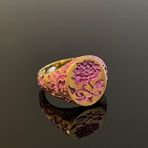 A portable garden, hand-engraved by Castro Smith - 18k Peony Ring with Purple Ceramic Plating  #castrosmith #futureheirlooms #augustla Peony Ring, Castro Smith, Purple Ceramic, Portable Garden, Xmas 2024, Eternity Rings, Funky Jewelry, Crown Jewels, Girly Jewelry