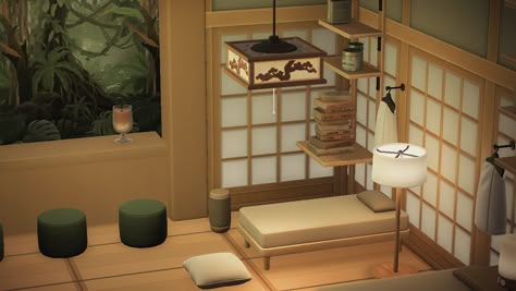 Interior Animal Crossing, Upstairs Library, Japanese Room Ideas, Japanese Home Interior, Home Inside Design, Animal Crossing Interior, Acnh Japanese, Japanese Style Bedroom, Japanese Bedroom