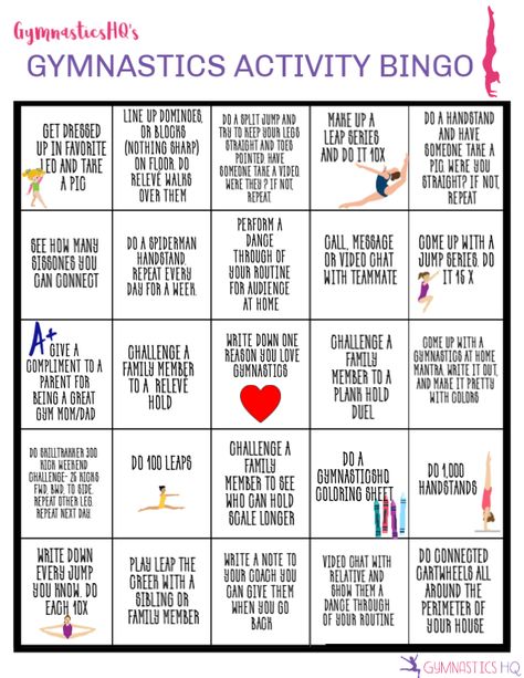 Gymnastics Activity Bingo Tumbling Skills Checklist, Gymnastics Birthday Party Activities, Gymnastics Journal Ideas, Gymnastics Bingo, Gymnastics Camp Ideas, Gymnast Conditioning, Gymnastics Skills Checklist, Gymnastics Journal, Teaching Gymnastics