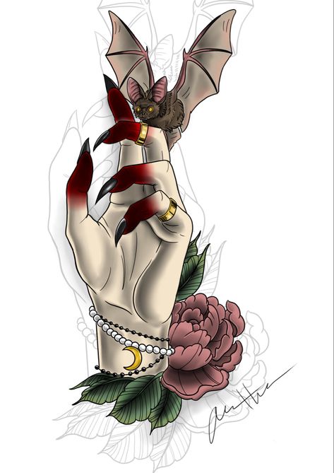 Vampire Pinup Tattoo, Vampire Flash Tattoo, Vampire Lady Tattoo, Traditional Vampire Tattoo, Demon Hand Tattoo, Vampire Tattoo Ideas, Bats Vampire, Vampire Tattoo Designs, Lady Vampire