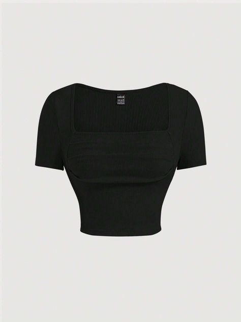 SHEIN MOD Square Neck Ruched Detail Crop Tee | SHEIN USA Shein Tops Shirts, Shein Shirts, Euphoria Clothing, Black Shirts, Trendy Fashion Outfits, Crop Top Outfits, Women T Shirts, Kpop Fashion Outfits