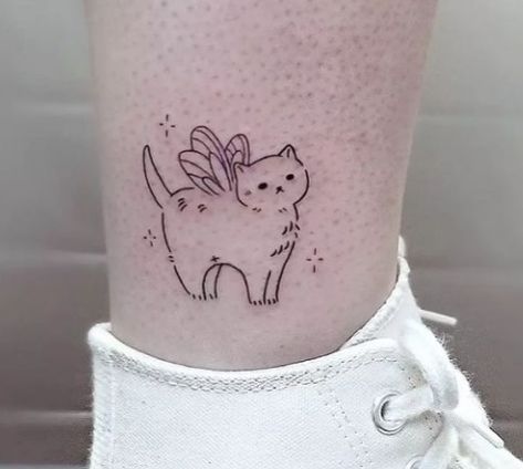 Angel Kitten Tattoo, Kewpie Tattoo, Angle Tattoo, Pixie Tattoo, Kitten Tattoo, Funky Tattoos, Handpoke Tattoo, Cute Tiny Tattoos, Wings Tattoo