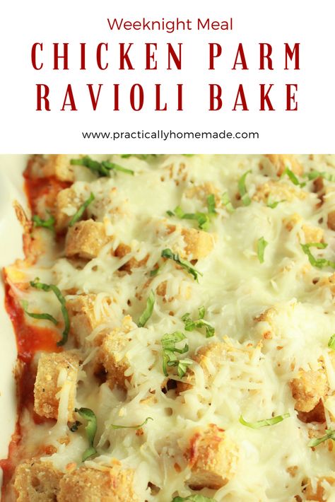 Chicken Parm Ravioli Bake - Practically Homemade Recipes Using Frozen Breaded Chicken Tenders, Chicken Parmesan Ravioli Bake, Ravioli Chicken Bake, Chicken And Ravioli Recipes, Chicken Parmesan Casserole With Pasta, Chicken Parm Bake, Ravioli Chicken, Parmesan Ravioli, Easy Chicken Parmesan Casserole