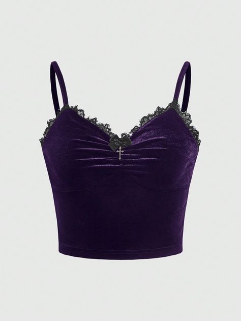 Morado Casual Collar  Tela Liso Tirantes Embellished Elástico Alto Purple Bustier Top, Dark Academia Outfit Purple, Dark Purple Top Outfit, Dark Purple Corset, Dark Purple Outfit Ideas, Dark Purple Clothes, Purple Grunge Outfits, Goth Outfits Casual, Purple Top Outfit