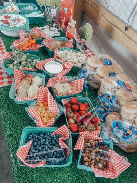 Farmers Market Party Table Decor, Farmer's Market Birthday Party, Farm Stand Birthday Party, Farm Fruit Tray, Farm Party Food Table, Homestead Birthday Party, Farmer Themed Birthday Party, Picnic Theme First Birthday, Farmers Market 2nd Birthday Party