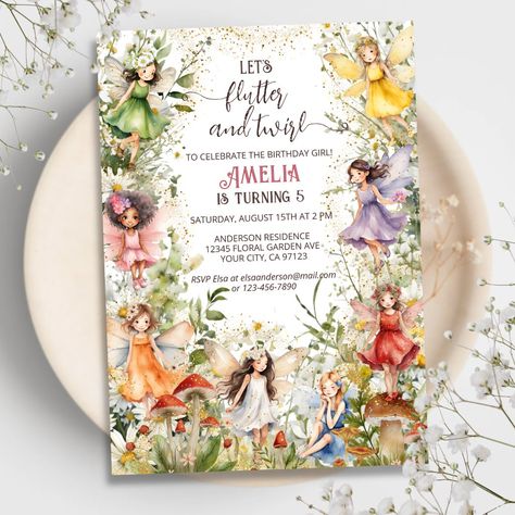 Colorful Floral Pixie Fairies & Mushrooms Birthday Invitation Pixie Fairy, Fairy Tea Parties, Fairy Garden Party, Fairies Dancing, Kids Themed Birthday Parties, Princess Fairy, Birthday Party Design, Delicate Watercolor, Pixies Fairies