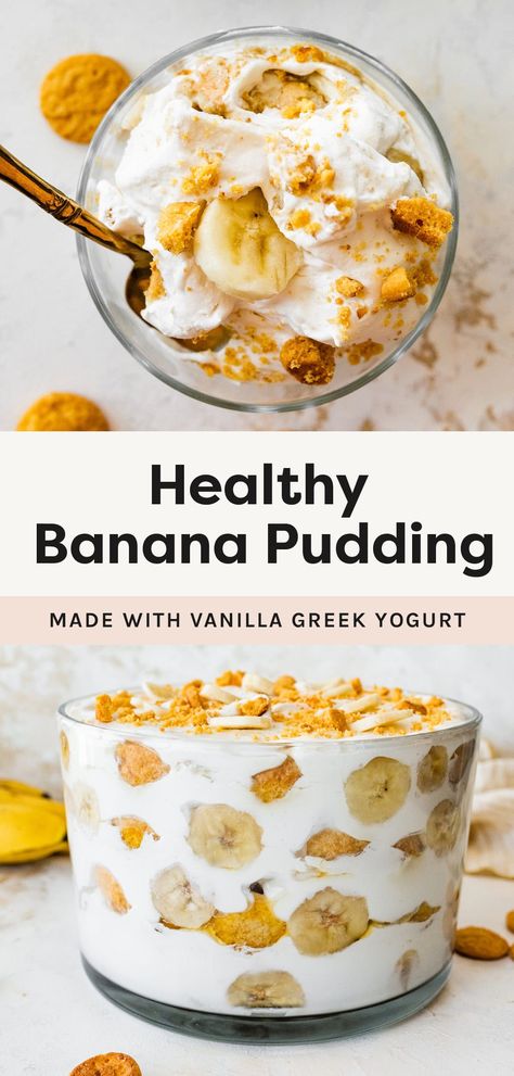 This healthy banana pudding is easy to make with just 4 simple ingredients. No pudding mix needed! It's rich, creamy and the perfect summer dessert to serve a crowd. Low Cal Banana Pudding, Healthy Dessert For A Crowd, Healthy Deserts Recipes Clean Eating, Banana Pudding Healthy, Healthy Banana Pudding, Aip Paleo Desserts, Banana Pudding Ingredients, Heart Healthy Desserts, Healthy Pudding