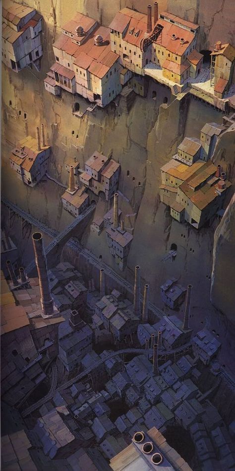 Castle in the Sky Cliff Side, Castle In The Sky, Fantasy Places, Norman Rockwell, Hayao Miyazaki, Rooftops, 판타지 아트, Environment Design, Roronoa Zoro