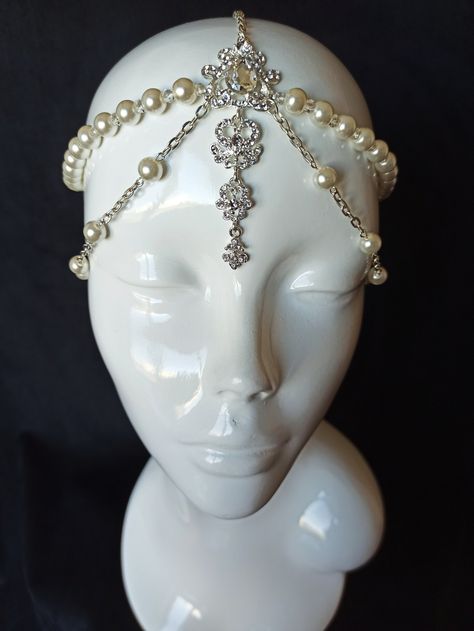 1920s Pearl Headpiece, Chain Hair Piece, Cool Headpieces, Ancient Headpiece, Head Crowns Headpieces, Head Jewelry Headpieces, Burlesque Jewelry, Sun Headpiece, Pearls In Hair