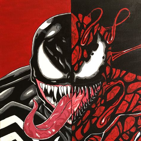 #venom #carnage #marvel #painting Spiderverse Venom, Split Portrait, Venom Carnage, Art Spiderman, Carnage Marvel, Venom Art, Venom Comics, Marvel Tattoos, Marvel Drawings