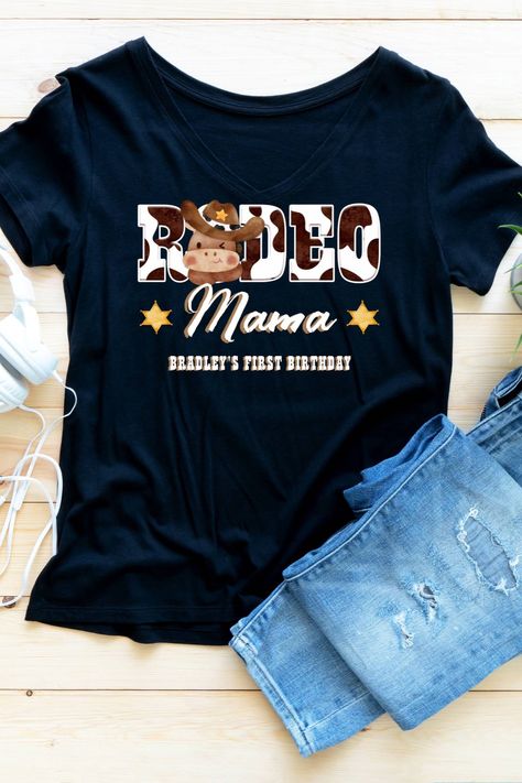 Rodeo Mama Cowboy cow pattern first birthday party birthday matching family photoshoot T-Shirt My First Rodeo Birthday Shirt, Cowboy Birthday Shirt, My First Rodeo Birthday Family Shirts, Rodeo Mama Shirt, Cowboy Party Invitations, Cowboy First Birthday, Black T-shirt With Graphic Print For Rodeo, Matching Family T Shirts, Rodeo Birthday Parties