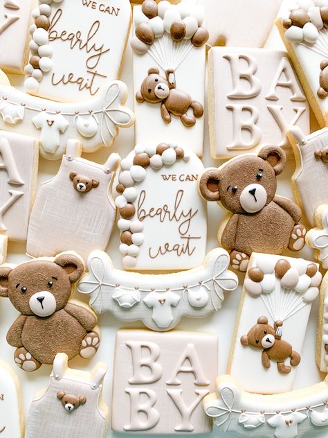 Teddy bear baby shower, baby shower ideas, decorated sugar cookies, custom sugar cookies Teddy Bear Themed Baby Shower Ideas, Teddy Bear Baby Shower Cookies, Bear Themed Baby Shower Ideas, Bear Baby Shower Cookies, Teddy Bear Baby Shower Cake, Teddy Bear Baby Shower Theme, Bear Baby Shower Cake, Earth Tone Palette, Baby Shower Themes Neutral