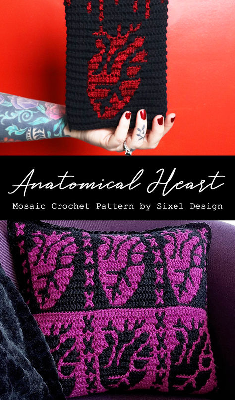 Create a boldly romantic statement with this detailed heart pattern, great for Valentine's Day, anniversaries, or for those into anatomy. Pattern includes chart and instructions for creating a pillow and patch, but you can use the chart to create anything from bags to blankets, hats, sweaters, decor and more.  #mosaiccrochet #crochetpattern #bloodyheart #bloodyvalentine #gothcrochet #heartcrochet #sixeldesign Goth Crochet Blanket Patterns Free, Goth Crochet Pillow, Heart Tapestry Crochet Pattern, Halloween Crochet Decorations, Anatomy Crochet, Horror Crochet Pattern, Crochet Poster, Crochet Horror, Alternative Crochet