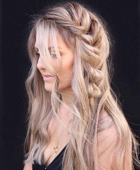 Side Waterfall Braid With Curls, Curly Hairstyles With Braids On Side, Bridesmaid Hair Down With Braid On Side, Curls With Braid On Side, Side Dutch Braid With Curls, Curled Hair With A Braid On The Side, Side Braid Hairstyles With Curls, Chunky Side Braid, Fishtail Side Braid