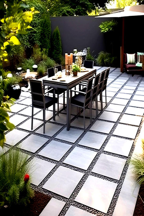 Chic outdoor patio with a geometric paver design, incorporating a sleek dining area, showcasing budget-friendly ideas for DIY patio upgrades. Front Of House Paver Patio Ideas, Step Stone Patio Ideas, 16x16 Paver Patio Ideas, Paver Ideas For Small Area, Paver Patio Ideas Layout Tile Patterns, Diy Patio With Pavers, Backyard Patio Paver Ideas, Patio Paving Ideas On A Budget, Backyard Paver Ideas Budget