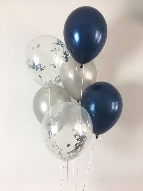 Welcome to Oh How Charming! This listing is for (2) navy (2) metallic silver and (2) silver mylar confetti 11 latex balloons. ~ Balloons ship flat & deflated ~ Clear Balloons are pre-stuffed with confetti ~ Can be filled with air or helium ~ Filling balloons with air will not float ~ Balloon shown Navy And Silver Party, Mom Balloons, Navy Bridal Party, Birthday Ideas For Mom, Navy Bridal Parties, Marine Party, Filling Balloons, Navy Bridal Shower, Bridal Shower Balloons