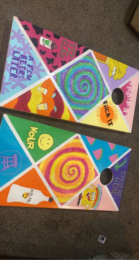 Custom Painted Cornhole Boards, Painting Cornhole Boards Designs Diy, Painting Corn Hole Boards Diy, Frat Cornhole Boards, Hand Painted Cornhole Boards, Painted Cornhole Boards Ideas, Cornhole Boards Painting Ideas, Cool Cornhole Boards, Corn Hole Boards Designs Paint Diy