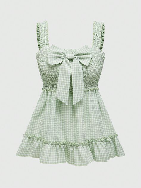 ROMWE Kawaii Gingham Bowknot Decorated Ruffle Hem Tank Top For SummerI discovered amazing products on SHEIN.com, come check them out! Shein Kawaii, Top For Summer, Green Outfit, Lookbook Outfits, Kids Beachwear, Amazing Products, Ruffle Hem, New Outfits, Women Clothes Sale