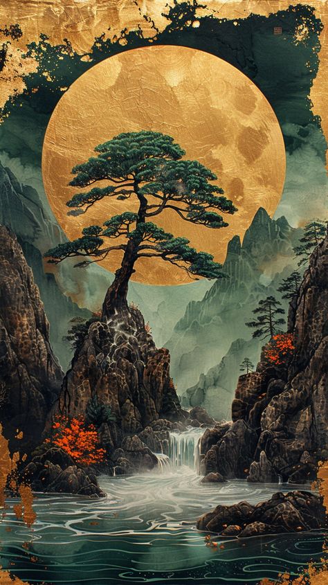 Step into a world of mesmerizing beauty with our collection of Art Nouveau and Surrealistic landscape paintings. Each piece features a stunning depiction of nature's wonders, centered around a majestic banyan tree encased in a golden circular frame. Experience the harmony of green foliage emerging from rock surfaces, adorned with Kintsugi-inspired gold accents and marble textures.  Our high-definition artworks blend emerald green waters flowing through mountains with intricate gold foil decorations, all set against a dark turquoise backdrop. Perfect for adding a touch of magic and elegance to any space, our art captures the essence of surrealism and the timeless beauty of gemstones. Discover the enchanted realms of art today! Great Wonders Of The World, Magical World Art, Surrealistic Landscape, Emerald Green Art, Nature Frame, Majestic Nature, World Painting, Majestic Tree, Magical Paintings