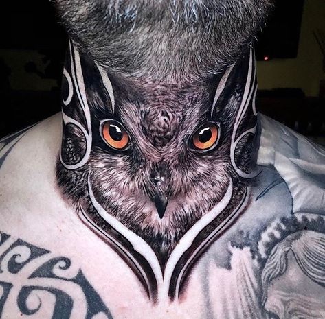 Neck And Throat Tattoos Men, Owl Neck Tattoo, Chest Neck Tattoo, Tattoos Realism, Front Neck Tattoo, Minimalist Tattoo Design, Chest Tattoo Drawings, Full Neck Tattoos, Tattoos Heart