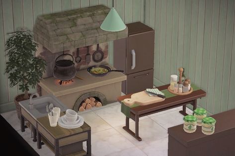 Acnh Green Kitchen, Green House Animal Crossing New Horizon, Animal Crossing Starter House, Kitchen Ideas Animal Crossing, Animal Crossing House Layout, Animal Crossing Kitchen Ideas, Green Animal Crossing, Cozy Animal Crossing, Animal Crossing Kitchen