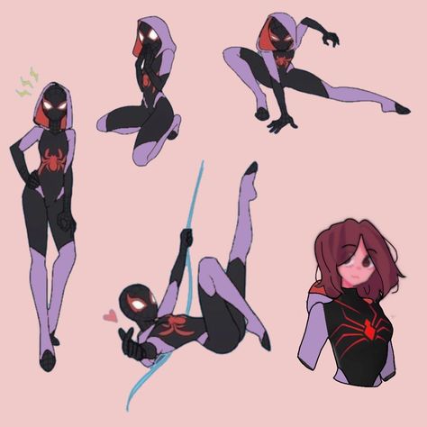 Spider Sona Suit Ideas, Spider Woman Oc Art, Custom Spiderman Suits Drawing, Spidersona Poses Female, Spiderman Oc Suit Female, Spiderman Oc Girl, Spider Girl Oc, Spider Woman Oc, Spiderwoman Oc