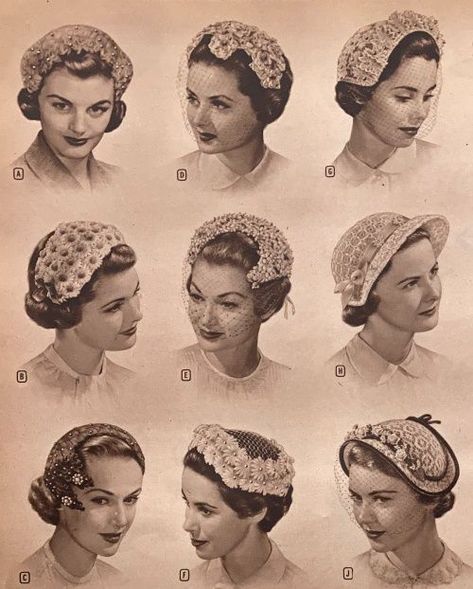 1950s Womens Hats by Style Style Hair With Hat, 50s Style Hair, Hair With Hat, 1950s Hats, Hat Veil, Evening Hat, 1950s Hat, 1940s Hats, Popular Hats