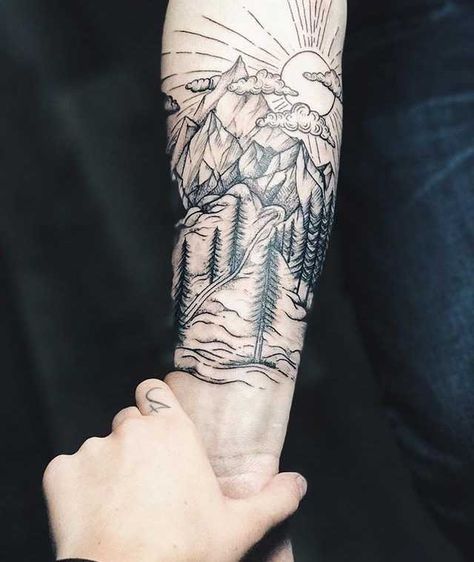 Forest and mountains scenery tattooed on the right forearm by tattooist Lesyale Mountain And Trees Tattoo, Mountain Sleeve Tattoo, Tattoo Sleeve Women, Trees Tattoo, Wilderness Tattoo, Outdoor Tattoo, Scenery Tattoo, Pnw Tattoo, Mountain Tattoos