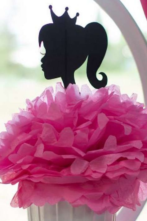 This Barbie centerpiece, made with pink tissue paper pom poms and the instantly recognizable  Barbie silhouette, is so chic! See more party ideas and share yours at CatchMyparty.com #catchmyparty #partyideas #barbie #barbieparty #barbiepartyideas #teenparty #girlbirthdayparty Barbie Centerpieces Ideas, Barbie Centerpiece, Girls Barbie Birthday Party, Barbie Centerpieces, Barbie Party Ideas, Barbie Silhouette, Barbie Party Decorations, Pink Tissue Paper, Barbie Theme Party