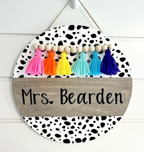 White Leopard door hanger🐆 with pastel rainbow tassel 🖤 All signs are made from real wood that is 1/4" thick! Size options: 12"      14"      18" School Door Hanger, Boho Teacher Classroom Decor, Classroom Door Sign, Classroom Door Hangers, Teacher Door Hanger, Boho Teacher, Office Door Signs, Classroom Door Signs, Teacher Door Signs