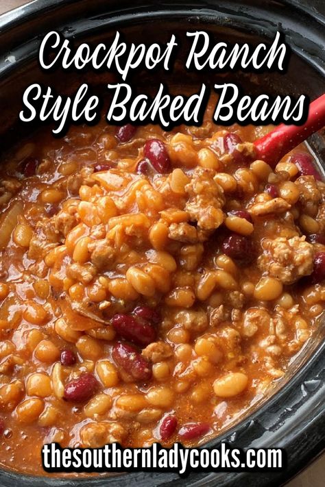 Ranch style baked beans recipe is made in the crockpot with ground beef, pork and beans, and seasoning. The perfect side dish for any meal or holiday gathering. Easy and delicious for cookouts, picnics, potlucks and church socials. Ranch Style Baked Beans Recipe, Baked Beans In The Crockpot, Pork And Beans Recipe Crockpot, Ranch Style Baked Beans, Rancho Beans Recipe, Rancho Beans, Beans Crockpot Recipes, Crockpot With Ground Beef, Baked Beans Recipe Crockpot