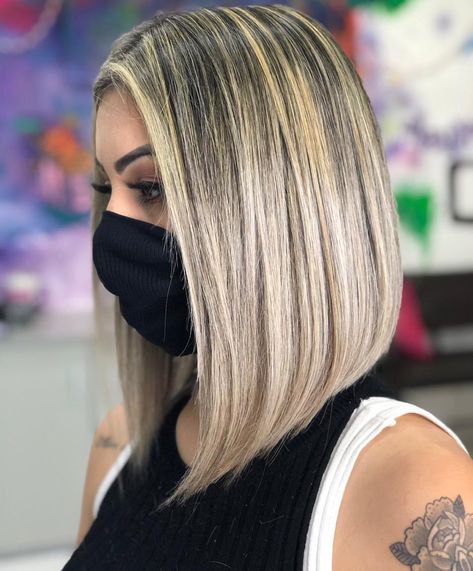 Medium A Line Bob Shoulder Length, Salon Reference, Long Angled Bob Hairstyles, Blonde Angled Bob, Long Bob Blonde, One Length Bobs, Long Angled Bob, Inverted Long Bob, Reverse Ombre