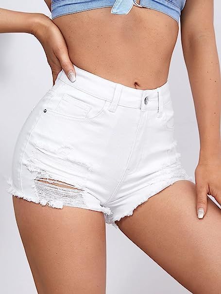 Women's Ripped Raw Hem High Waisted Distressed Denim Shorts #womensfashion #trending #shorts #summer Shorts Jeans Branco, Grunge Shorts, Short Blanc, Shein Icon, Ripped Denim Shorts, White Jean Shorts, Outfits With Converse, White Denim Shorts, Trendy Shorts