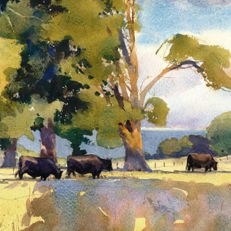 Water Colour Animals, View Watercolor Painting, Mike Kowalski, Crk Designs, Watercolor Plein Air, Farm Watercolor, Cow Paintings, Plein Air Watercolor, Watercolor Landscapes